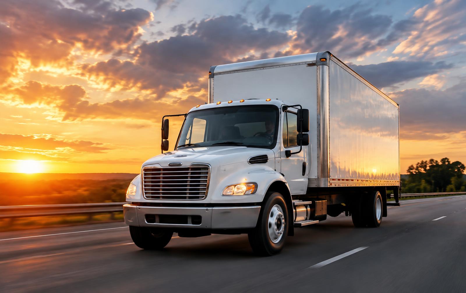 White 26-foot box truck on the highway at sunset