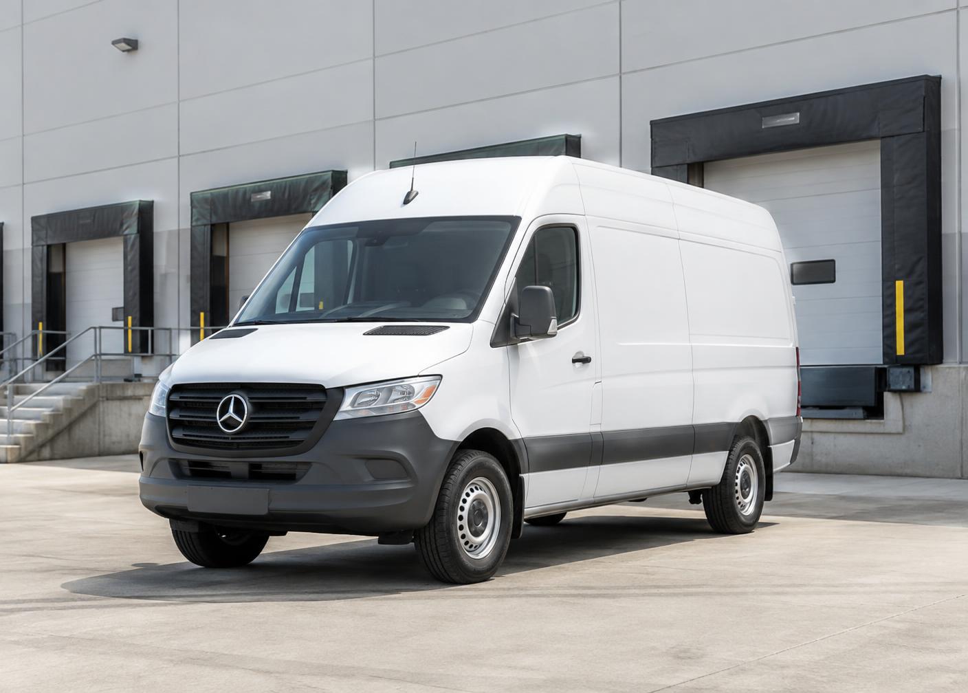 White Sprinter cargo van at a loading dock